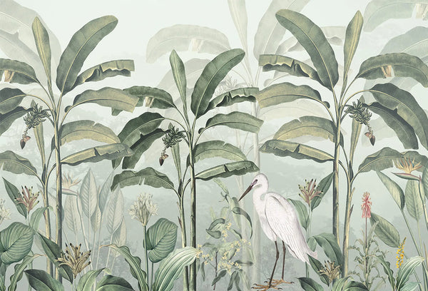 Papel tapiz mural botánico con palmeras plataneras, garza blanca y fondo verde salvia claro