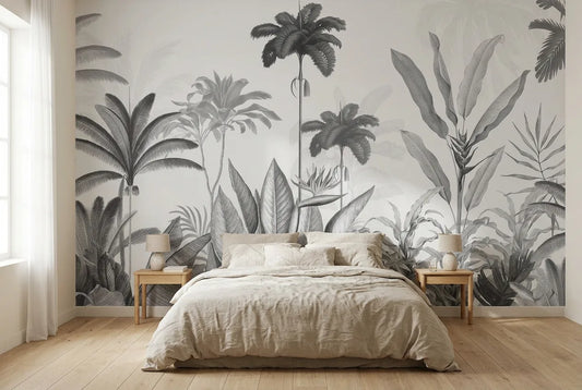 Papel tapiz Royale Gris instalado en un dormitorio sereno