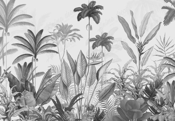 Papel tapiz mural con ilustración botánica tropical de palmeras y follaje exótico en escala de grises.