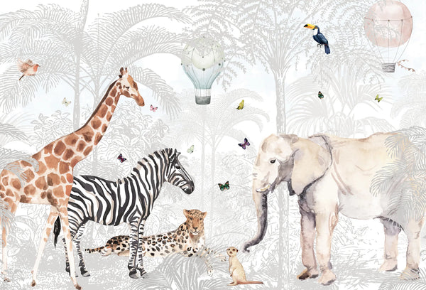 Papel tapiz mural safari infantil en acuarela con elefante, jirafa, cebra y globos