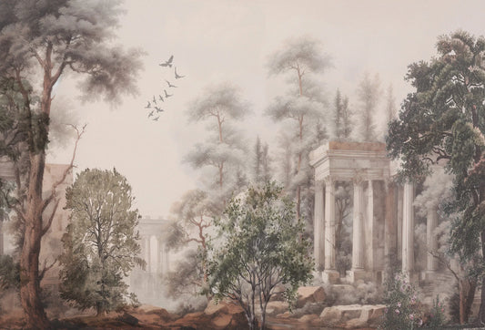 Papel tapiz mural con paisaje clásico de ruinas grecorromanas, árboles y aves en tonos sepia y verde salvia.