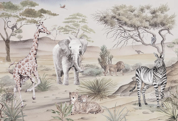 Papel tapiz mural safari en acuarela con elefante, jirafa y cebra en tonos beige para cuarto infantil.