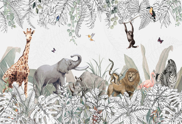 Papel tapiz mural safari infantil con animales salvajes y follaje botánico en tonos neutros y verdes.