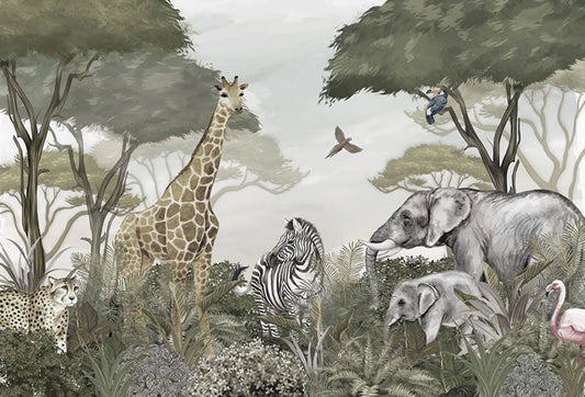 Papel tapiz mural safari con jirafa, elefantes, cebra y guepardo entre árboles en tonos verdes y neutros para pared infantil
