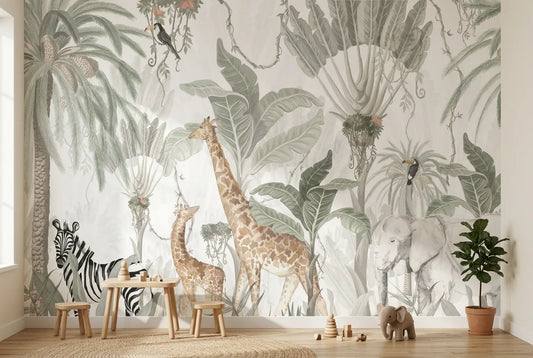 Papel tapiz Safari Amazónico instalado en una habitación infantil
