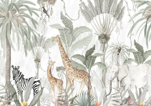 Papel tapiz infantil con ilustración de safari, jirafas, elefante y cebra en tonos verdes y beige