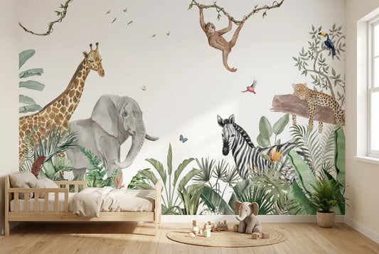 Papel tapiz Safari Aventura instalado en una habitación infantil