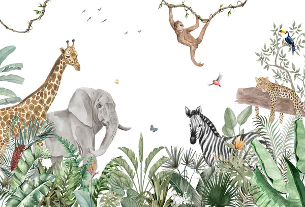 Papel tapiz mural infantil con animales de la selva en acuarela como jirafa, elefante y cebra entre plantas tropicales.