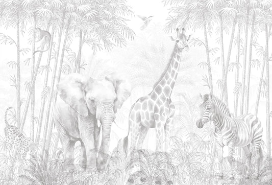 Papel tapiz mural infantil con elefante, jirafa y cebra en bosque de bambú en escala de grises