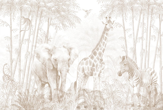 Papel tapiz mural safari infantil con elefante, jirafa, cebra y bambú en tonos beige claro y sepia.