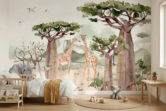Papel tapiz Safari Baobab instalado en una habitación infantil
