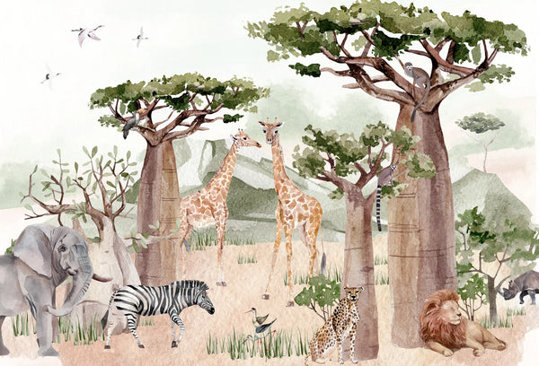 Papel tapiz infantil en acuarela con jirafas, elefante, león y baobabs en tonos beige y verde