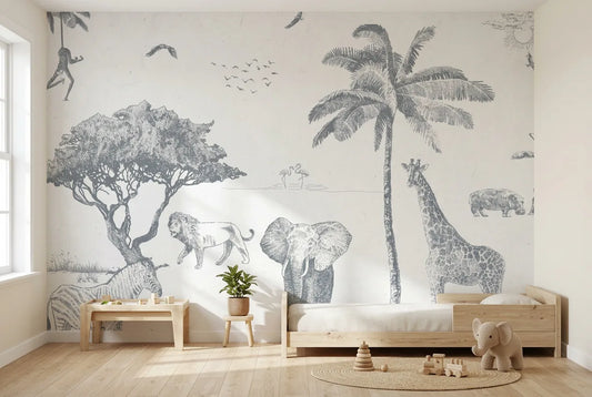 Papel tapiz Safari en Tinta instalado en una habitación infantil
