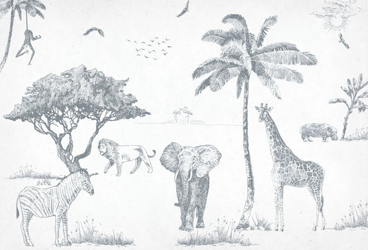 Papel tapiz mural infantil con dibujo en tinta de animales safari como elefante, jirafa y cebra en blanco y negro.