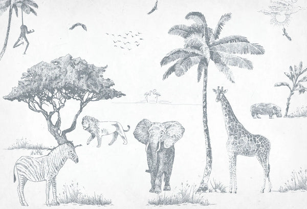 Papel tapiz mural infantil con dibujo en tinta de animales safari como elefante, jirafa y cebra en blanco y negro.