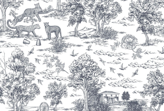 Papel tapiz estilo Toile de Jouy con grabado de leopardos, árboles y aves en tinta oscura sobre fondo blanco.