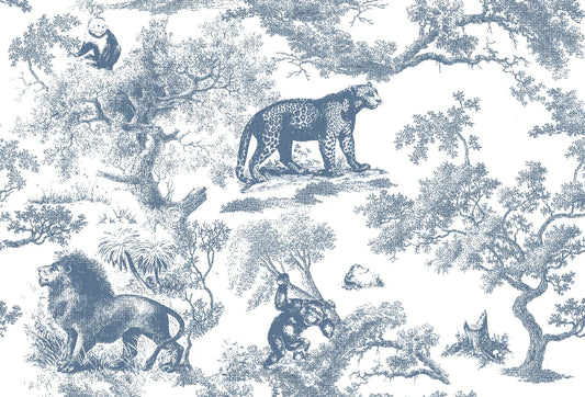 Papel tapiz estilo Toile de Jouy con leones, leopardos y árboles en azul sobre fondo blanco