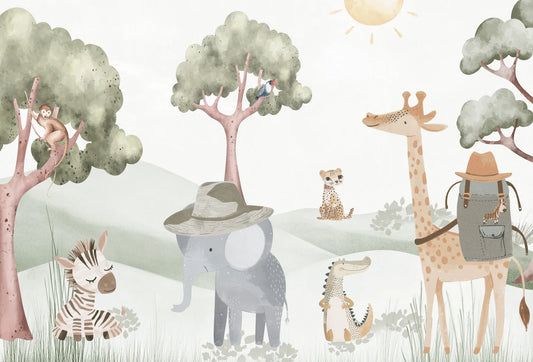 Papel tapiz mural infantil con animales de safari en acuarela en tonos beige y verde olivo