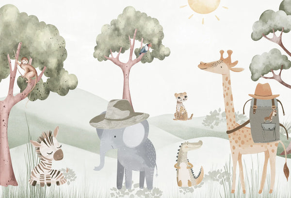 Papel tapiz mural infantil con animales de safari en acuarela en tonos beige y verde olivo