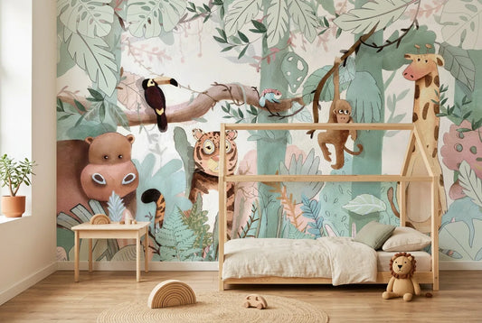 Papel tapiz Safari Mágico instalado en una habitación infantil