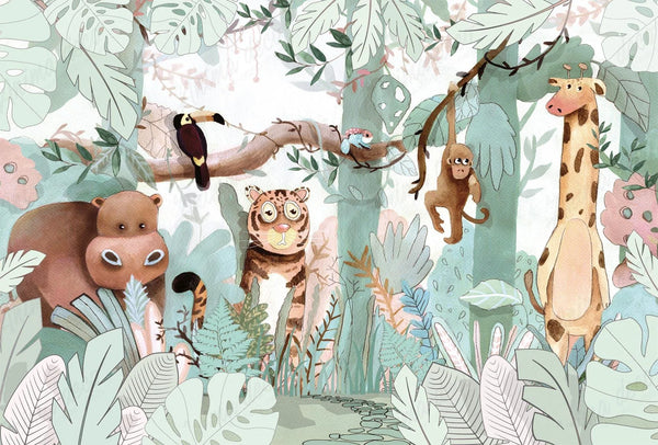 Papel tapiz infantil con animales de la selva en acuarela verde salvia y toques pastel.