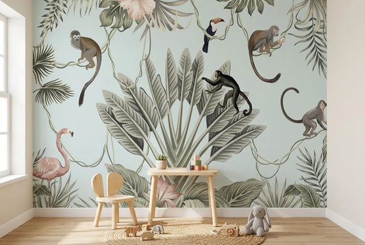 Papel tapiz Safari Monkey instalado en una habitación infantil
