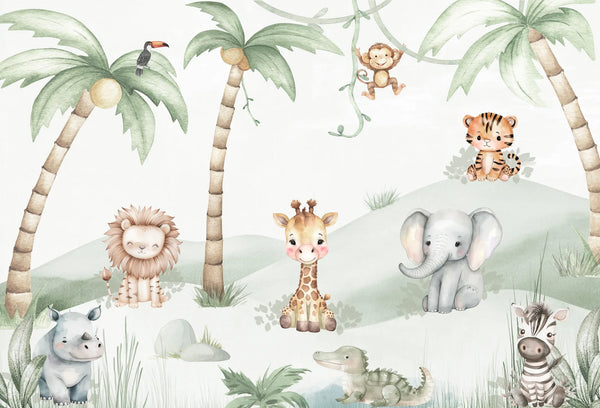 Papel tapiz con tiernos animales safari en acuarela y palmeras en tonos verde y beige para niños.