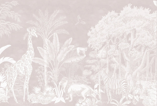 Papel tapiz mural safari infantil con animales de la selva en tonos rosa pastel y blanco