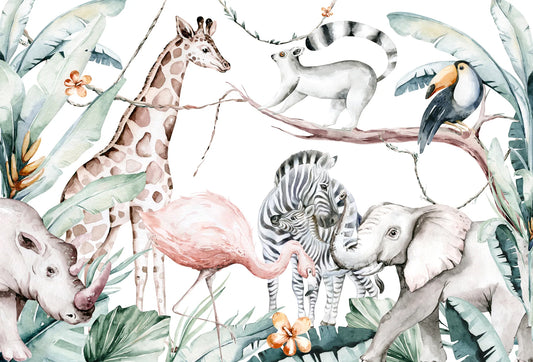 Papel tapiz infantil estilo acuarela con animales de safari como elefante, jirafa, cebra y flamenco entre plantas.
