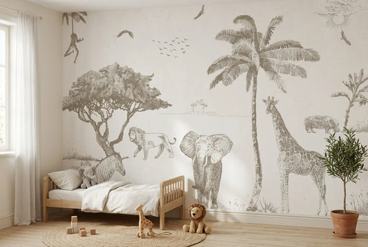 Papel tapiz Safari Sepia Infantil Safari instalado en una habitación infantil