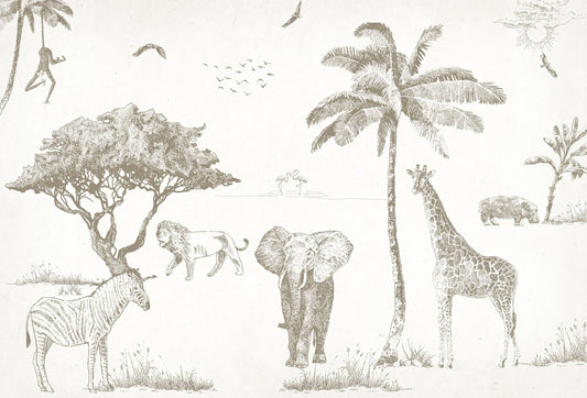 Papel tapiz de safari con animales en grabado sepia como jirafa, león y elefante sobre fondo claro.