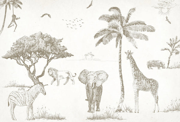 Papel tapiz de safari con animales en grabado sepia como jirafa, león y elefante sobre fondo claro.