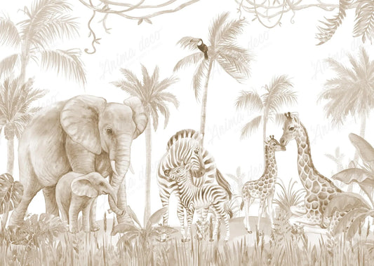 Papel tapiz mural safari en tonos sepia con ilustraciones de elefantes, cebras y jirafas para cuarto infantil.