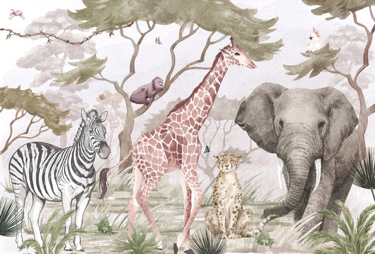 Papel tapiz mural infantil con animales de la sabana como elefante, jirafa y cebra en acuarela.