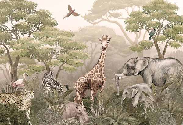 Papel tapiz mural infantil con jirafa, elefantes, guepardo y cebra en un bosque safari en tonos verde salvia y beige.