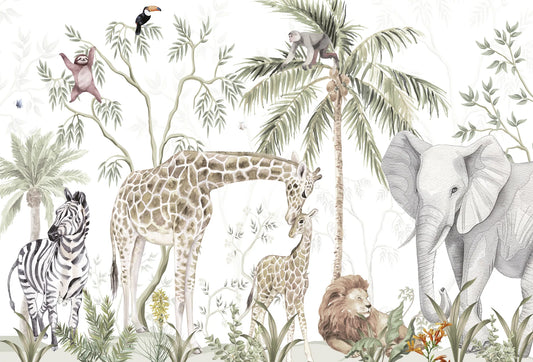 Papel tapiz mural safari infantil con jirafas, elefante, león y palmeras en acuarela