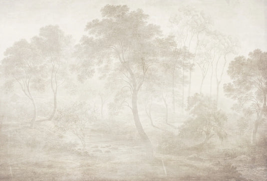 Papel tapiz mural con paisaje clásico de bosque en tonos beige y gris cálido estilo grabado antiguo.
