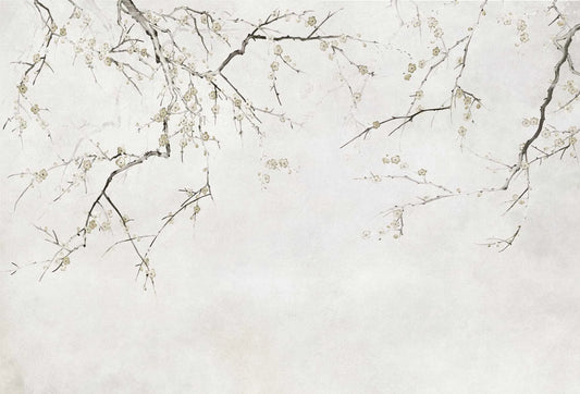 Papel tapiz mural con delicadas ramas de cerezo en flor estilo acuarela oriental sobre fondo crema