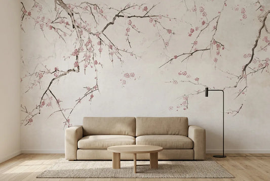 Papel tapiz Sakura Zen instalado en una sala de estar minimalista