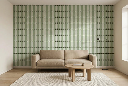 Papel tapiz Salvia Geométrico instalado en una sala de estar minimalista