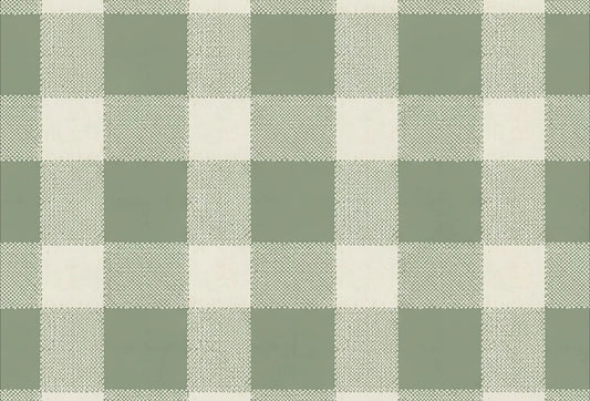 Papel tapiz con patrón de cuadros vichy en tono verde salvia y blanco marfil con textura textil.