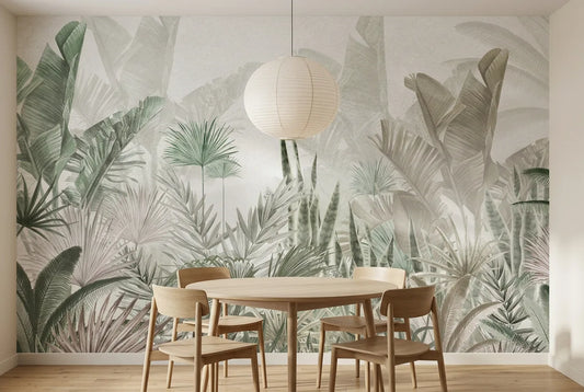Papel tapiz Samsara Green instalado en un comedor luminoso