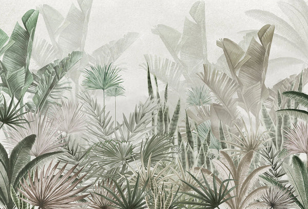 Papel tapiz mural botánico Samsara con hojas de plátano y palmeras en verde salvia y beige
