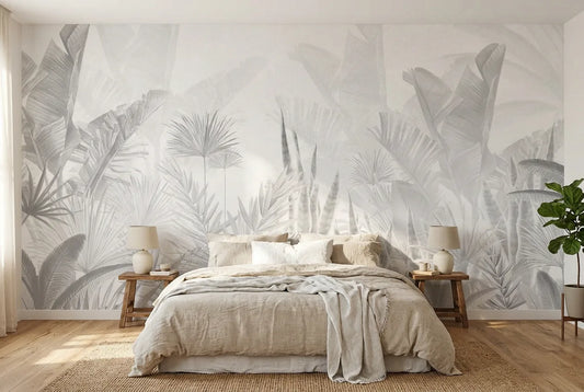 Papel tapiz Samsara Gris instalado en un dormitorio sereno