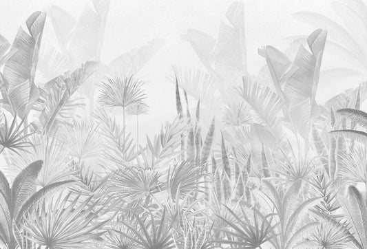 Papel tapiz mural con follaje tropical de palmeras y hojas de plátano en tonos gris claro y blanco