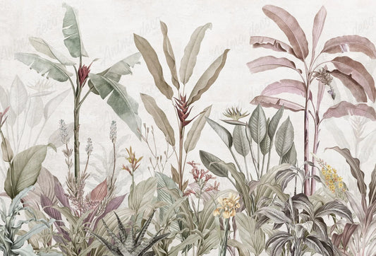 Papel tapiz mural botánico San Blas con plataneros y plantas tropicales en tonos verde salvia y rosa