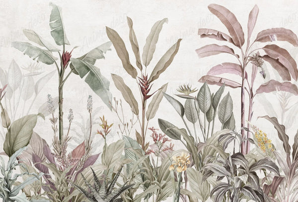 Papel tapiz mural botánico San Blas con plataneros y plantas tropicales en tonos verde salvia y rosa