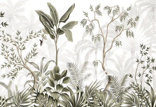 Papel tapiz mural con follaje tropical, palmeras y plataneras en tonos verde oliva suave y fondo claro.