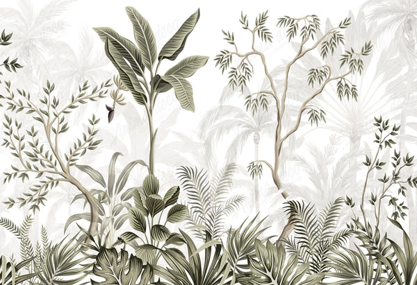 Papel tapiz mural con follaje tropical, palmeras y plataneras en tonos verde oliva suave y fondo claro.
