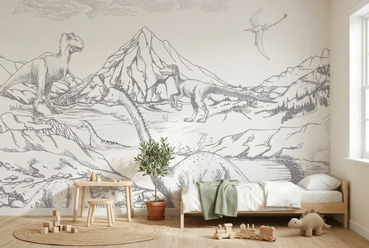 Papel tapiz Scotland Dino instalado en una habitación infantil